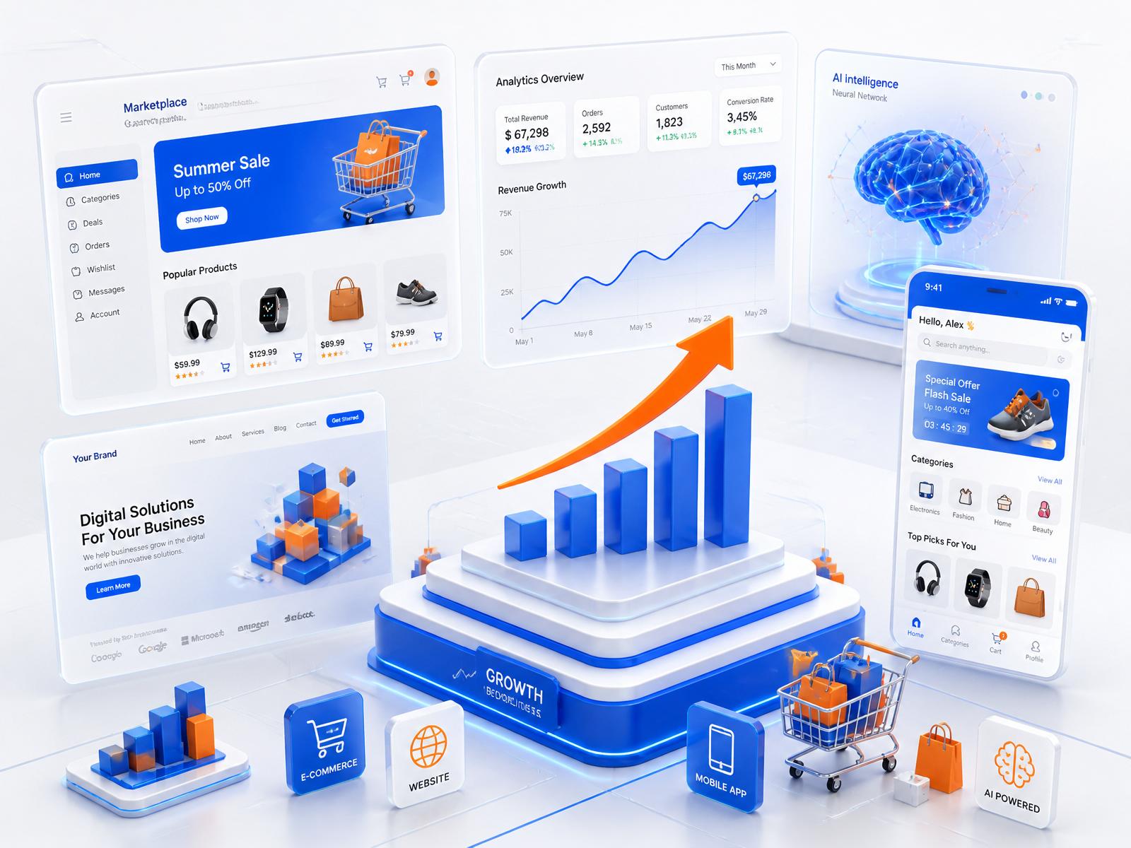 Digital business growth illustration with e-commerce, analytics, and mobile app